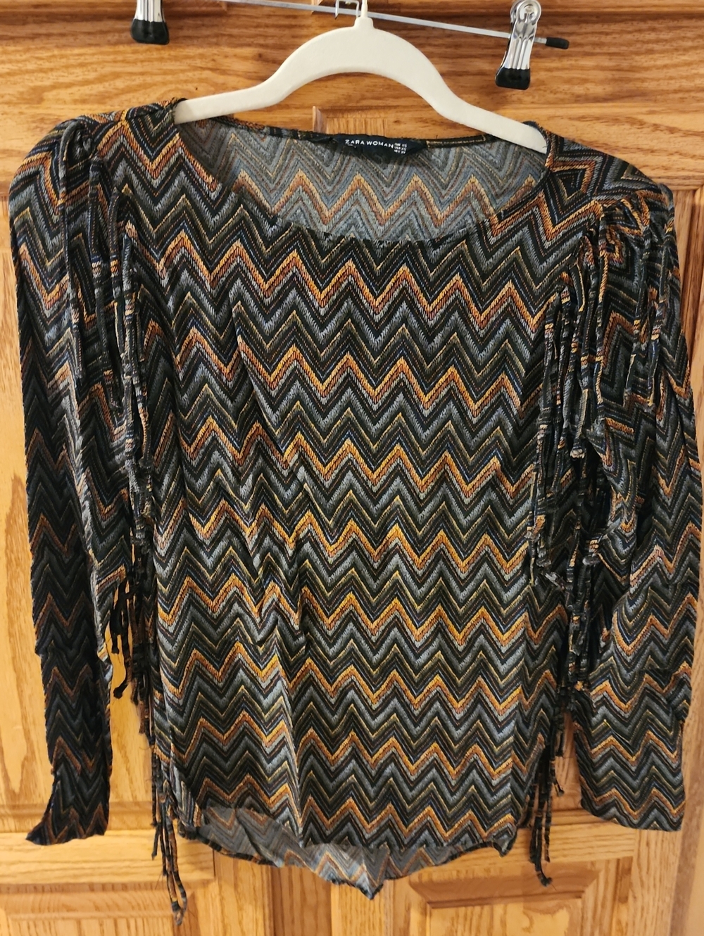 Zara Chevron Fringe Blouse In Autumn Colors Size XS